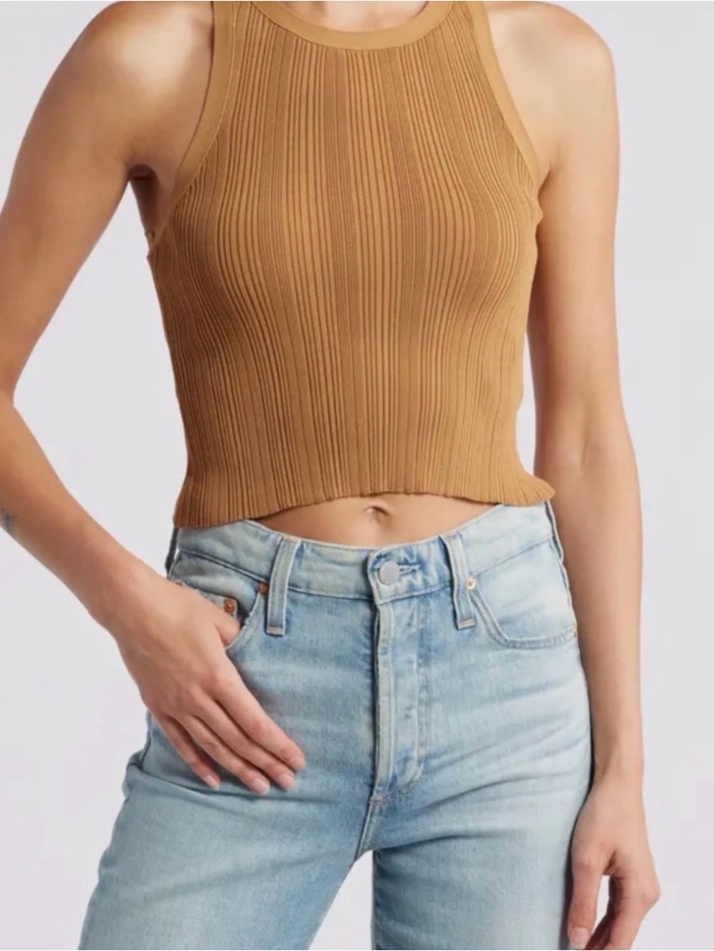 Good American Ribbed Cropped Tank Top in Camel NWT